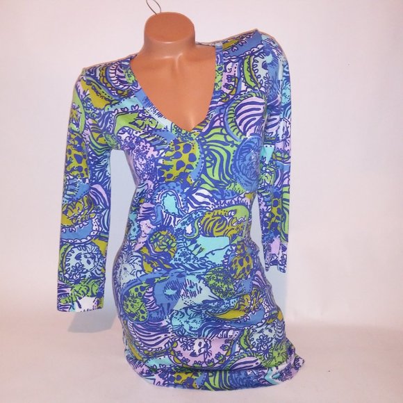 Lilly Pulitzer Shirt Dress XS Blue Green Cats V Neck Pit to Pit 17" Length 34" P - Picture 2 of 12